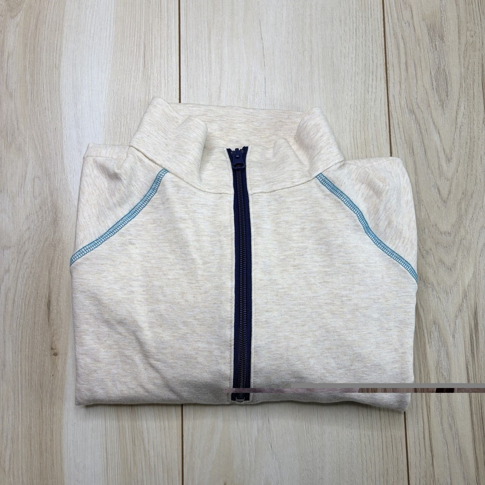 WEARS WOODY Adult Performance Quarter Zip Sweater Beige Blue Medium Logo USA
